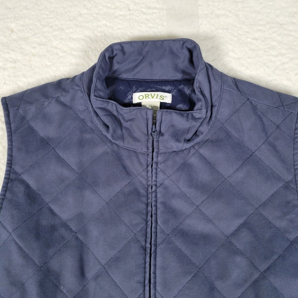 Orvis Quilted Vest Mens Size XL Navy Blue Full Zip Mock Neck Adjustable Waist